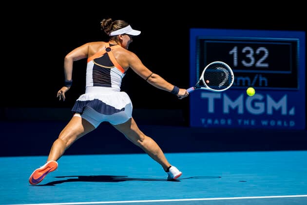 MELBOURNE, VIC - FEBRUARY 10: Bianca Andreescu of Canada returns the ball during round 2 of the 2021 Australian Open on February 10 2020, at Melbourne Park in Melbourne, Australia. (Photo by Jason Heidrich Icon Sportswire) TENNIS: FEB 10 Australian Open Icon2102100213