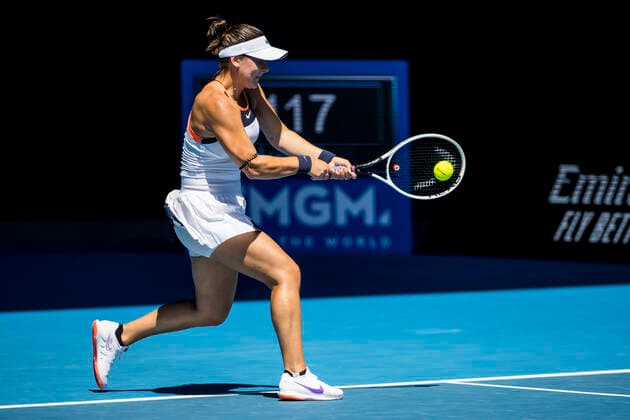 MELBOURNE, VIC - FEBRUARY 10: Bianca Andreescu of Canada returns the ball during round 2 of the 2021 Australian Open on February 10 2020, at Melbourne Park in Melbourne, Australia. (Photo by Jason Heidrich Icon Sportswire) TENNIS: FEB 10 Australian Open Icon2102100223