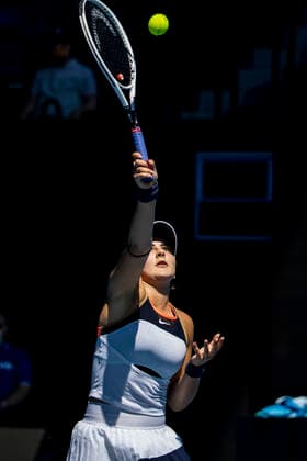 MELBOURNE, VIC - FEBRUARY 10: Bianca Andreescu of Canada returns the ball during round 2 of the 2021 Australian Open on February 10 2020, at Melbourne Park in Melbourne, Australia. (Photo by Jason Heidrich Icon Sportswire) TENNIS: FEB 10 Australian Open Icon2102100313