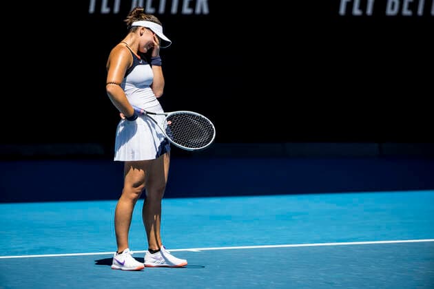 MELBOURNE, VIC - FEBRUARY 10: Bianca Andreescu of Canada shows her frustration after losing a game during round 2 of the 2021 Australian Open on February 10 2020, at Melbourne Park in Melbourne, Australia. (Photo by Jason Heidrich Icon Sportswire) TENNIS: FEB 10 Australian Open Icon2102100343