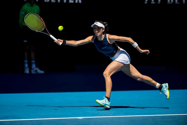 MELBOURNE, VIC - FEBRUARY 10: Su-Wei Hsieh of Taiwan returns the ball during round 2 of the 2021 Australian Open on February 10 2020, at Melbourne Park in Melbourne, Australia. (Photo by Jason Heidrich Icon Sportswire) TENNIS: FEB 10 Australian Open Icon2102100383
