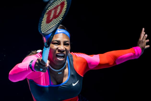 MELBOURNE, VIC - FEBRUARY 10: Serena Williams of the United States of America returns the ball during round 2 of the 2021 Australian Open on February 10 2020, at Melbourne Park in Melbourne, Australia. (Photo by Jason Heidrich Icon Sportswire) TENNIS: FEB 10 Australian Open Icon2102100503