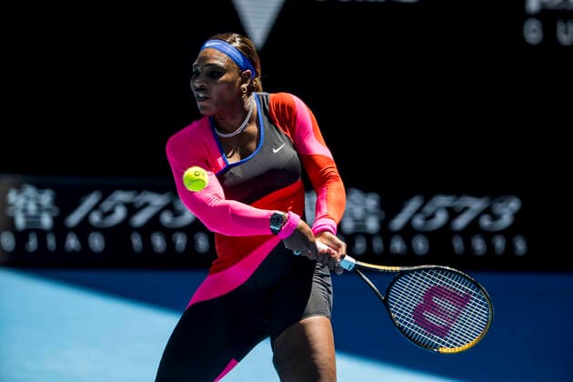 MELBOURNE, VIC - FEBRUARY 10: Serena Williams of the United States of America returns the ball during round 2 of the 2021 Australian Open on February 10 2020, at Melbourne Park in Melbourne, Australia. (Photo by Jason Heidrich Icon Sportswire) TENNIS: FEB 10 Australian Open Icon2102100533