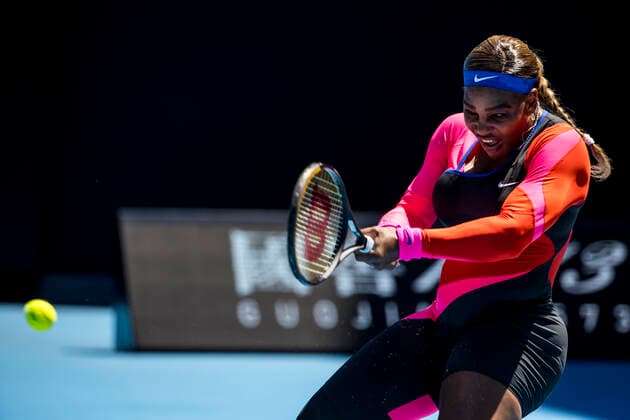 MELBOURNE, VIC - FEBRUARY 10: Serena Williams of the United States of America returns the ball during round 2 of the 2021 Australian Open on February 10 2020, at Melbourne Park in Melbourne, Australia. (Photo by Jason Heidrich Icon Sportswire) TENNIS: FEB 10 Australian Open Icon2102100583
