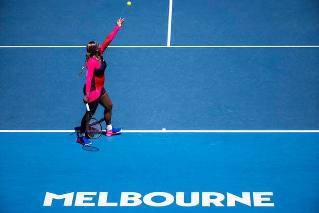 MELBOURNE, VIC - FEBRUARY 10: Serena Williams of the United States of America serves the ball during round 2 of the 2021 Australian Open on February 10 2020, at Melbourne Park in Melbourne, Australia. (Photo by Jason Heidrich Icon Sportswire) TENNIS: FEB 10 Australian Open Icon2102100623