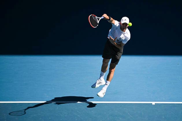 TENNIS AUSTRALIAN OPEN, Dominic Thiem of Austria in action during his second Round Men s singles match against Dominik Koepfer of Germany on Day 3 of the Australian Open at Melbourne Park in Melbourne, Wednesday, February 10, 2021. ( NO ARCHIVING, EDITORIAL USE ONLY, NO USE IN BOOKS WITHOUT CONSENT MELBOURNE VIC AUSTRALIA  Copyright: xDEANxLEWINSx 20210210001519549776