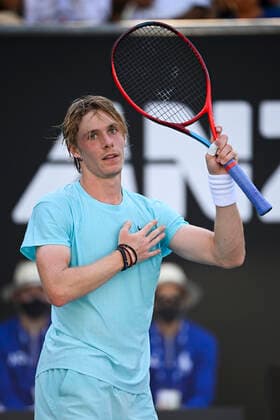 TENNIS AUSTRALIAN OPEN, Denis Shapovalov of Canada celebrates after winning his second Round Men s singles match against Bernard Tomic of Australia on Day 3 of the Australian Open at Melbourne Park in Melbourne, Wednesday, February 10, 2021. ( NO ARCHIVING, EDITORIAL USE ONLY, NO USE IN BOOKS WITHOUT CONSENT MELBOURNE VIC AUSTRALIA  Copyright: xDEANxLEWINSx 20210210001519563362