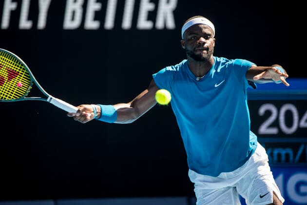 MELBOURNE, VIC - FEBRUARY 10: Frances Tiafoe of the United States of America returns the ball during round 2 of the 2021 Australian Open on February 10 2020, at Melbourne Park in Melbourne, Australia. (Photo by Jason Heidrich Icon Sportswire) TENNIS: FEB 10 Australian Open Icon2102101043
