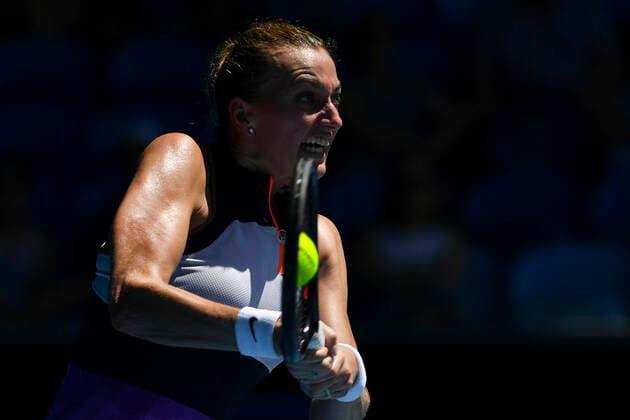 TENNIS AUSTRALIAN OPEN, Petra Kvitova of the Czech Republic in action during her second Round Women s singles match against Sorana Cirstea of Romania on Day 3 of the Australian Open at Melbourne Park in Melbourne, Wednesday, February 10, 2021. ( NO ARCHIVING, EDITORIAL USE ONLY, NO USE IN BOOKS WITHOUT CONSENT MELBOURNE VIC AUSTRALIA  Copyright: xDEANxLEWINSx 20210210001519575450