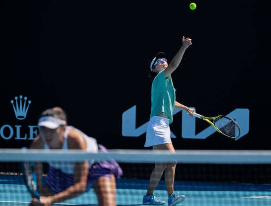 (210210) -- MELBOURNE, Feb. 10, 2021 -- Yang Zhaoxuan Xu Yifan (R) compete during the women s doubles first round match between Yang Zhaoxuan Xu Yifan of China and Russia s Anastasia Pavlyuchenkova Latvia s Anastasija Sevastova at the Australian Open in Melbourne Park, Melbourne, Australia on Feb. 10, 2021. (Photo by Hu Jingchen Xinhua) (SP)AUSTRALIA-MELBOURNE-TENNIS-AUSTRALIAN OPEN-DAY 3 BaixXuefeihujingchen 