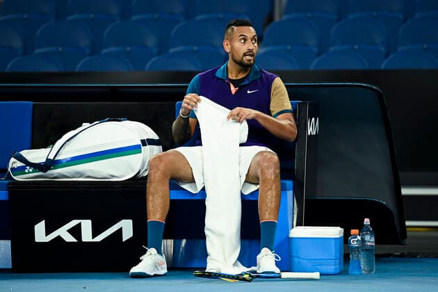 TENNIS AUSTRALIAN OPEN, Nick Kyrgios of Australia reacts during his second Round Men s singles match against Ugo Humbert of France on Day 3 of the Australian Open at Melbourne Park in Melbourne, Wednesday, February 10, 2021. ( NO ARCHIVING, EDITORIAL USE ONLY, NO USE IN BOOKS WITHOUT CONSENT MELBOURNE VIC AUSTRALIA  Copyright: xDAVExHUNTx 20210210001519581862
