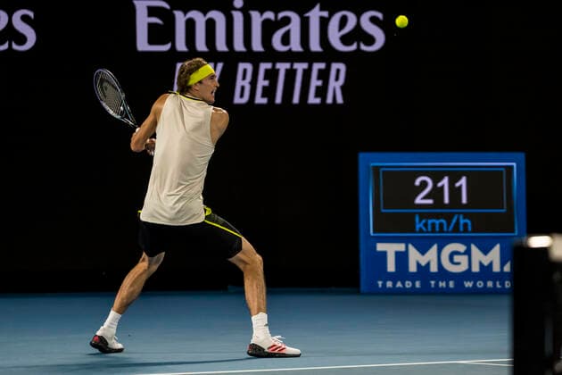 MELBOURNE, VIC - FEBRUARY 10: Alexander Zverev of Germany returns the ball during round 2 of the 2021 Australian Open on February 10 2020, at Melbourne Park in Melbourne, Australia. (Photo by Jason Heidrich Icon Sportswire) TENNIS: FEB 10 Australian Open Icon2102101923