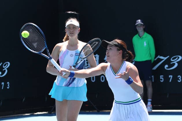 Mona Barthel, GER, and Zhu Lin, CHN, during first doubles round of 2021 Australian Open in Melbourne, 10 02 2021; -