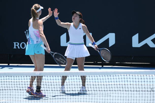 Mona Barthel, GER, and Zhu Lin, CHN, during first doubles round of 2021 Australian Open in Melbourne, 10 02 2021; -