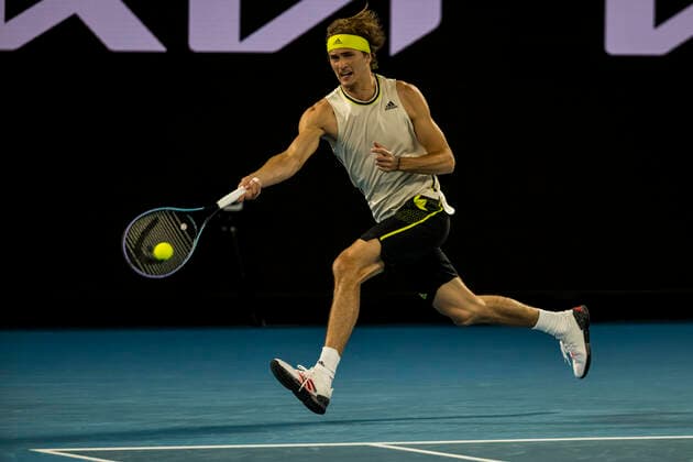 MELBOURNE, VIC - FEBRUARY 10: Alexander Zverev of Germany returns the ball during round 2 of the 2021 Australian Open on February 10 2020, at Melbourne Park in Melbourne, Australia. (Photo by Jason Heidrich Icon Sportswire) TENNIS: FEB 10 Australian Open Icon2102101983