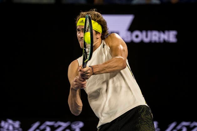 MELBOURNE, VIC - FEBRUARY 10: Alexander Zverev of Germany returns the ball during round 2 of the 2021 Australian Open on February 10 2020, at Melbourne Park in Melbourne, Australia. (Photo by Jason Heidrich Icon Sportswire) TENNIS: FEB 10 Australian Open Icon2102101993