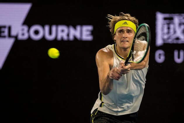 MELBOURNE, VIC - FEBRUARY 10: Alexander Zverev of Germany returns the ball during round 2 of the 2021 Australian Open on February 10 2020, at Melbourne Park in Melbourne, Australia. (Photo by Jason Heidrich Icon Sportswire) TENNIS: FEB 10 Australian Open Icon2102102013