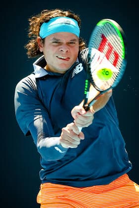Canadian Milos Raonic pictured in action during a tennis match between French Muller and Canadian Raonic, in the secound round of the men s singles competition of the Australian Open tennis Grand Slam, Wednesday 10 February 2021 in Melbourne Park, Melbourne, Australia. The 2021 edition of the Australian Grand Slam has been delayed by three week because of the ongoing pandemic. PATRICKxHAMILTON  x2641369x