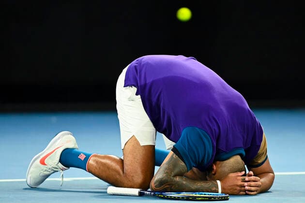 TENNIS AUSTRALIAN OPEN, Nick Kyrgios of Australia celebrates after winning his second Round Men s singles match against Ugo Humbert of France on Day 3 of the Australian Open at Melbourne Park in Melbourne, Wednesday, February 10, 2021. ( NO ARCHIVING, EDITORIAL USE ONLY, NO USE IN BOOKS WITHOUT CONSENT MELBOURNE VIC AUSTRALIA  Copyright: xDAVExHUNTx 20210210001519605368