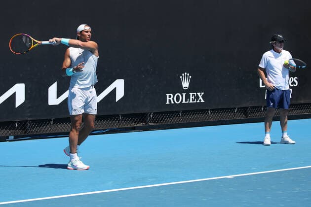 Rafael Nadal, ESP, with his coach Francisco Roig practising on day three of 2021 Australian Open in Melbourne, 10 02 2021; -
