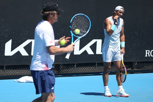Rafael Nadal, ESP, with his coach Francisco Roig practising on day three of 2021 Australian Open in Melbourne, 10 02 2021; -
