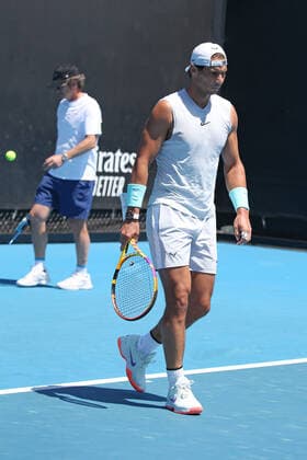 Rafael Nadal, ESP, with his coach Francisco Roig practising on day three of 2021 Australian Open in Melbourne, 10 02 2021; -