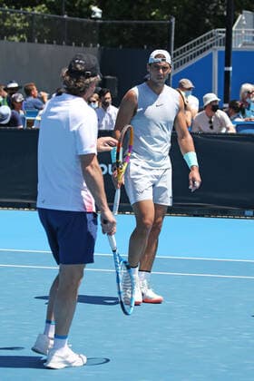 Rafael Nadal, ESP, with his coach Francisco Roig practising on day three of 2021 Australian Open in Melbourne, 10 02 2021; -