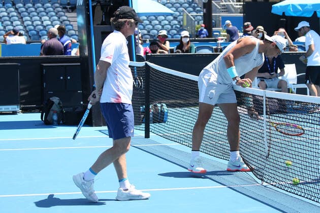 Rafael Nadal, ESP, with his coach Francisco Roig practising on day three of 2021 Australian Open in Melbourne, 10 02 2021; -