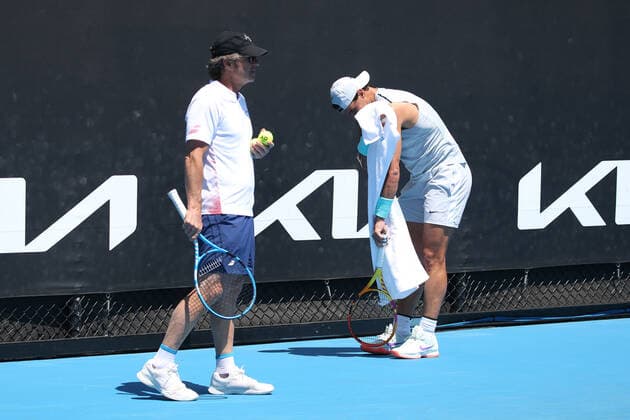 Rafael Nadal, ESP, with his coach Francisco Roig practising on day three of 2021 Australian Open in Melbourne, 10 02 2021; -