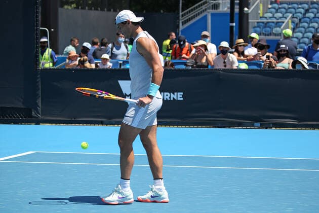 Rafael Nadal, ESP, practising on day three of 2021 Australian Open in Melbourne, 10 02 2021; -