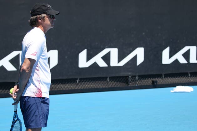 Francisco Roig, ESP, practising with Rafael Nadal on day three of 2021 Australian Open in Melbourne, 10 02 2021; -