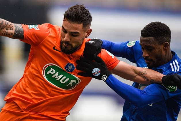 DELORT Andy ( Montpellier ) - Jean Eudes AHOLOU ( Strasbourg ) - FOOTBALL : Strasbourg vs Montpellier - Coupe de France - Strasbourg - 10 02 2021 FedericoPestellini Panoramic 