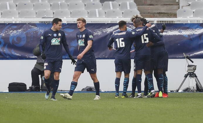 Fußball, Coupe de France, AJ Auxerre - Olympique Marseille Joie Dario Benedetto (Marseille) Football : Auxerre vs Marseille - Coupe de France - 10 02 2021 