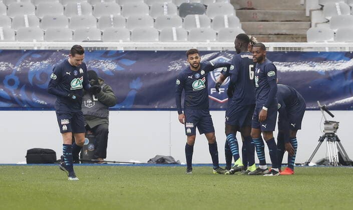 Fußball, Coupe de France, AJ Auxerre - Olympique Marseille Joie Dario Benedetto (Marseille) Football : Auxerre vs Marseille - Coupe de France - 10 02 2021 