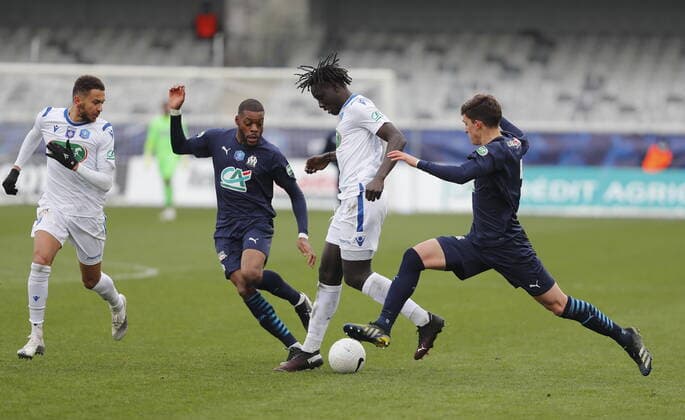 (Auxerre) Axel Ngando - Aly Ndom (Marseille) Jules Ntcham - Leonardo Balerdi Football : Auxerre vs Marseille - Coupe de France - 10 02 2021 