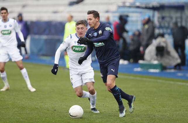 (Auxerre) Mathias Autret (Marseille) Florian Thauvin Football : Auxerre vs Marseille - Coupe de France - 10 02 2021 