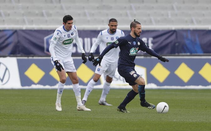 (Auxerre) Francois Belugou (Marseille) Velere Germain Football : Auxerre vs Marseille - Coupe de France - 10 02 2021 