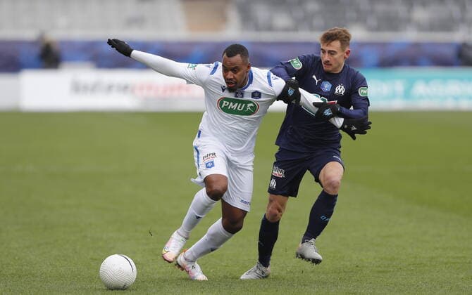 (Auxerre) Kevin Fortune (Marseille) Valentin Rongier Football : Auxerre vs Marseille - Coupe de France - 10 02 2021 