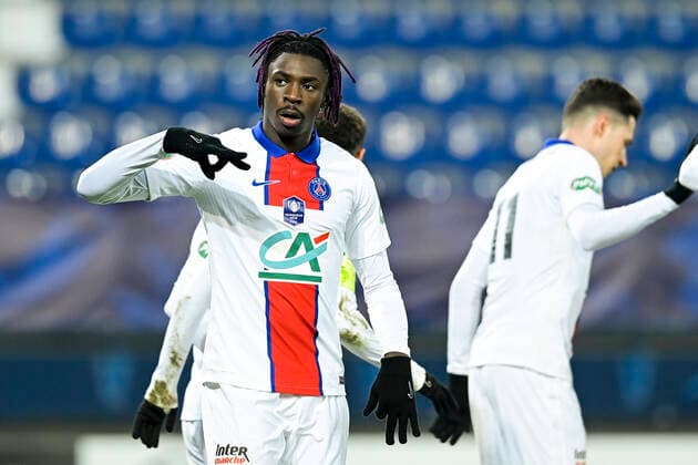 Fußball, Coupe de France, SM Caen - Paris St. Germain Joie des joueurs du PSG apres le but de Moise Kean (Caen) FOOTBALL : SM Caen vs PSG - 1 32 de Finale - Coupe de France - 10 02 2021 JBAutissier Panoramic 