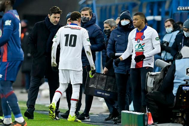 Fußball, Coupe de France, SM Caen - Paris St. Germain Neymar Jr (PSG) Mauricio Pochettino - Entraineur (PSG) Kylian Mbappe (PSG) FOOTBALL : SM Caen vs PSG - 1 32 de Finale - Coupe de France - 10 02 2021 JBAutissier Panoramic 