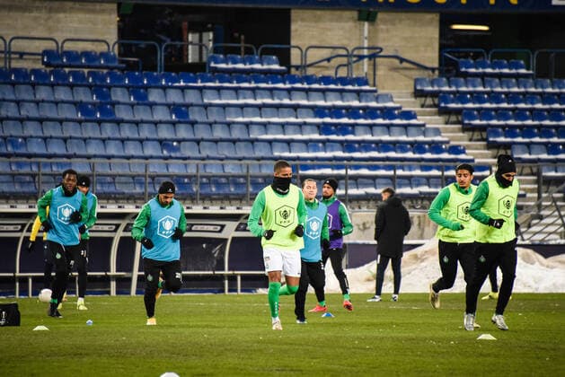 Equipe de Saint Etienne - Ambiance - Kevin Monnet Paquet ( Saint Etienne ) - Echauffement - FOOTBALL : Sochaux vs Saint Etienne - Coupe de France - Sochaux - 11 02 2021 FedericoPestellini Panoramic 