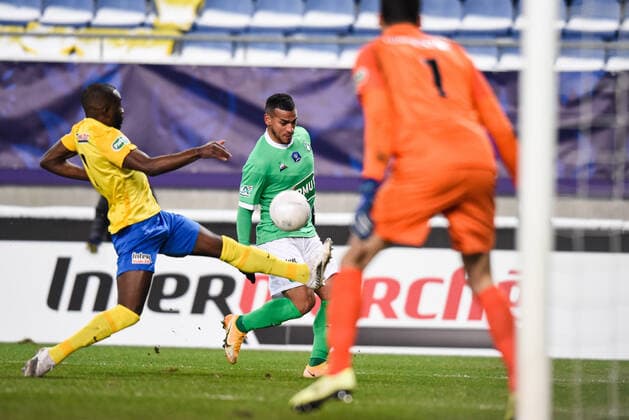 Miguel Trauco ( Saint Etienne ) - Mehdi JEANNIN ( Sochaux ) - FOOTBALL : Sochaux vs Saint Etienne - Coupe de France - Sochaux - 11 02 2021 FedericoPestellini Panoramic 