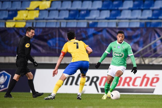 Younes Kaabouni ( Sochaux ) - Arnaud Nordin ( Saint Etienne ) - FOOTBALL : Sochaux vs Saint Etienne - Coupe de France - Sochaux - 11 02 2021 FedericoPestellini Panoramic 