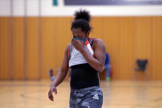 12.02.2021, xovx, Basketball Damen, DBBL, 1. Bundesliga, BC Pharmaserv Marburg - TSV 1880 Wasserburg Kelly Moten (TSV 1880 Wasserburg) enttaeuscht, enttaeuscht schauend, dissapointed Marburg Sporthalle Georg-Gaßmann-Stadion Hessen Deutschland (DE)