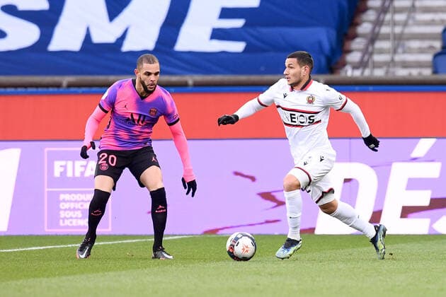 20 LAYVIN KURZAWA (PSG) - 22 RONY LOPES (NICE) FOOTBALL : Paris SG vs Nice - Ligue 1 Uber Eats - 13 02 2021 FEP Panoramic 