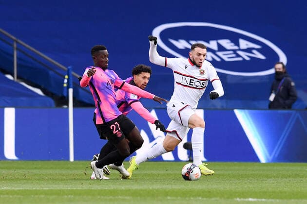27 IDRISSA GUEYE (PSG) - 11 AMINE GOUIRI (NICE) FOOTBALL : Paris SG vs Nice - Ligue 1 Uber Eats - 13 02 2021 FEP Panoramic 