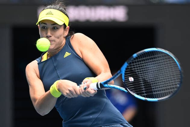 TENNIS AUSTRALIAN OPEN, Garbine Muguruza of Spain in action in her fourth Round Women s singles match against Naomi Osaka of Japan on Day 7 of the Australian Open at Melbourne Park in Melbourne, Sunday, February 14, 2021. ( NO ARCHIVING, EDITORIAL USE ONLY, NO USE IN BOOKS WITHOUT CONSENT MELBOURNE VIC AUSTRALIA  Copyright: xDAVExHUNTx 20210214001520463380
