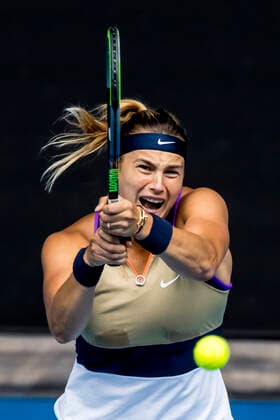 MELBOURNE, VIC - FEBRUARY 14: Aryna Sabalenka of Belarus returns the ball during round 4 of the 2021 Australian Open on February 14, 2020, at Melbourne Park in Melbourne, Australia. (Photo by Jason Heidrich Icon Sportswire) TENNIS: FEB 14 Australian Open Icon2102140937