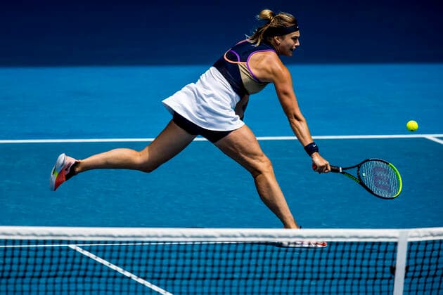 MELBOURNE, VIC - FEBRUARY 14: Aryna Sabalenka of Belarus returns the ball during round 4 of the 2021 Australian Open on February 14, 2020, at Melbourne Park in Melbourne, Australia. (Photo by Jason Heidrich Icon Sportswire) TENNIS: FEB 14 Australian Open Icon2102140957