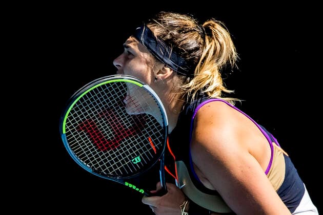 MELBOURNE, VIC - FEBRUARY 14: Aryna Sabalenka of Belarus celebrates after winning a game during round 4 of the 2021 Australian Open on February 14 2020, at Melbourne Park in Melbourne, Australia. (Photo by Jason Heidrich Icon Sportswire) TENNIS: FEB 14 Australian Open Icon2102141007